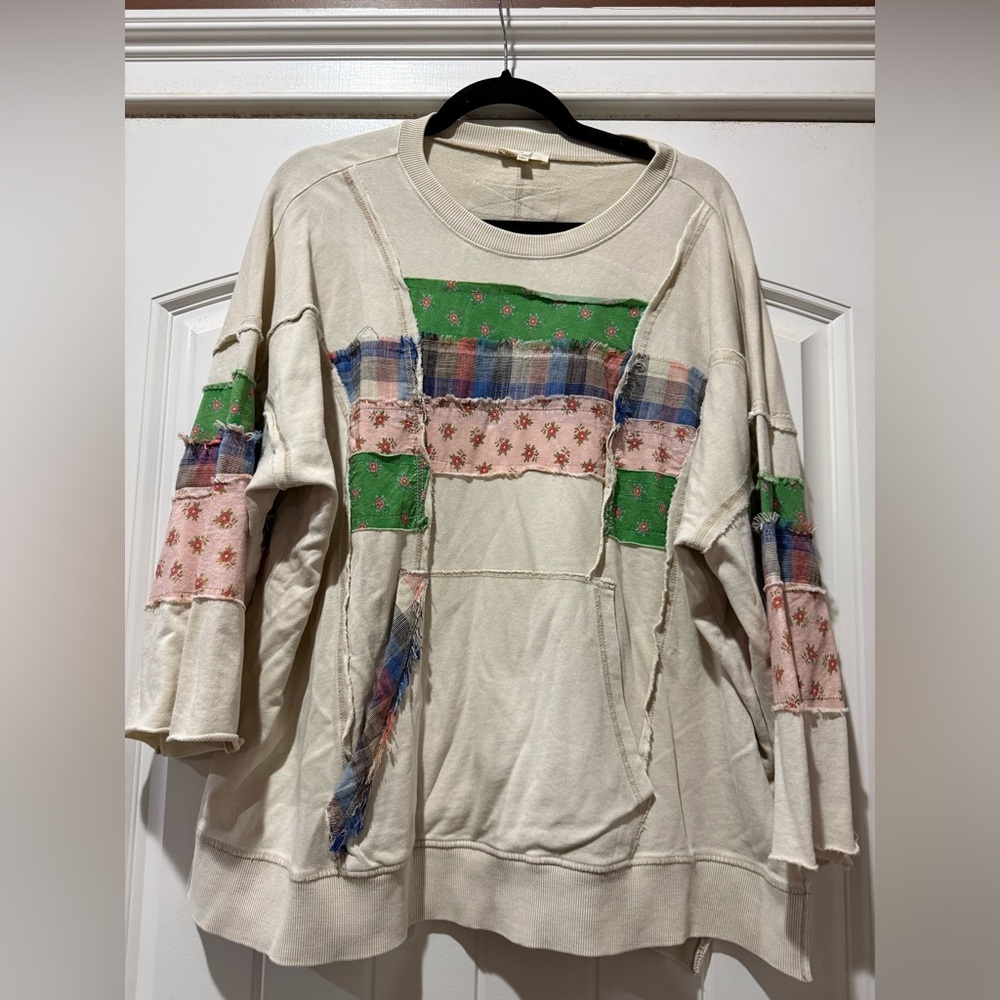 easel Cream Patchwork Pullover with Green, Pink & Blue Accents - Picture 2 of 7